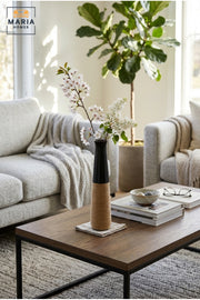 Modern Tall Decorative Flower Vase with Natural Rope Detail and Narrow Neck for Living Room, Bedroom, Office, Floor, Shelf and Console Table Décor