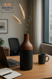 Black and Wood Finish Ceramic Vase Ð Modern Decorative Bottle-Shape Flower Pot