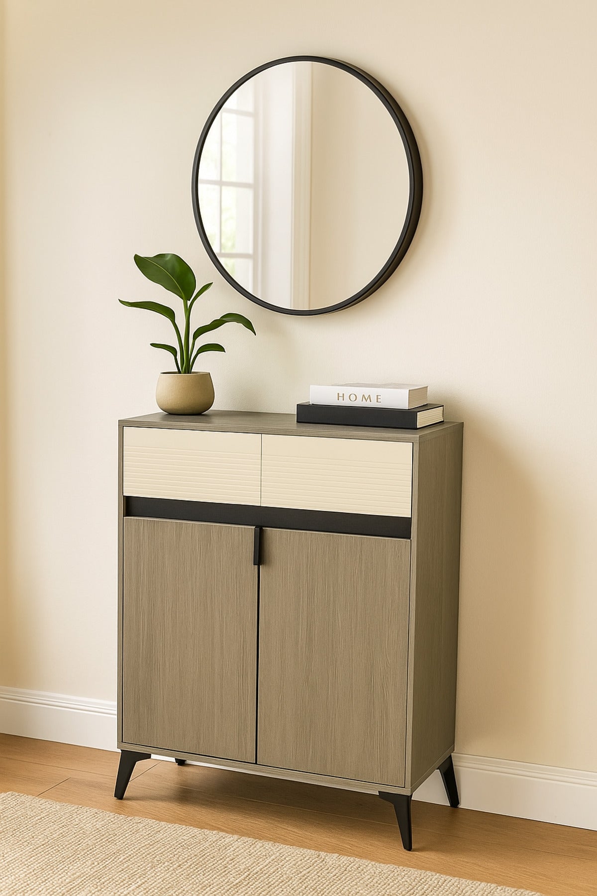 Modern Grey Storage Cabinet with Cream Drawers Ð 2-Door Wooden Sideboard 80_33_95 cm
