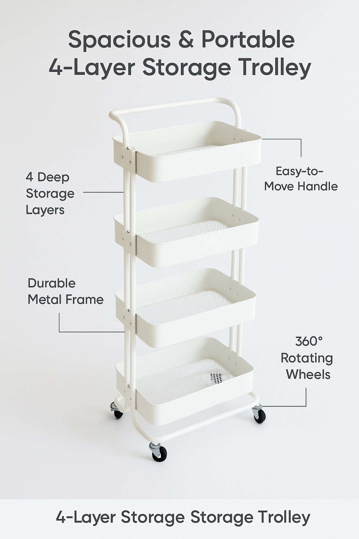 4-Layer White Metal Storage Trolley with Wheels Ð Multi-Purpose Rolling Organizer Cart