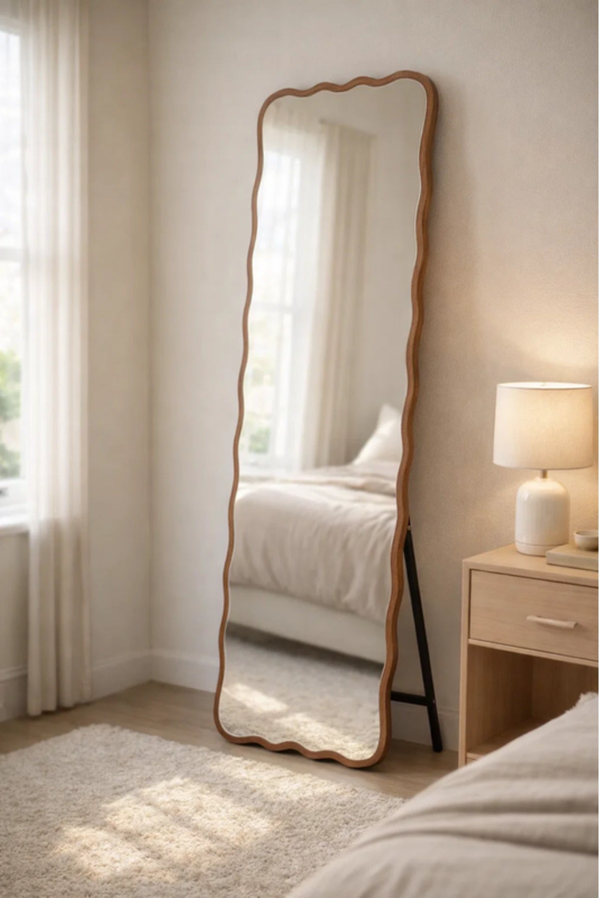 Wavy Wood Frame Floor Mirror Full Length Standing Mirror for Bedroom