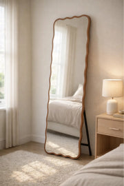 Wavy Wood Frame Floor Mirror Full Length Standing Mirror for Bedroom