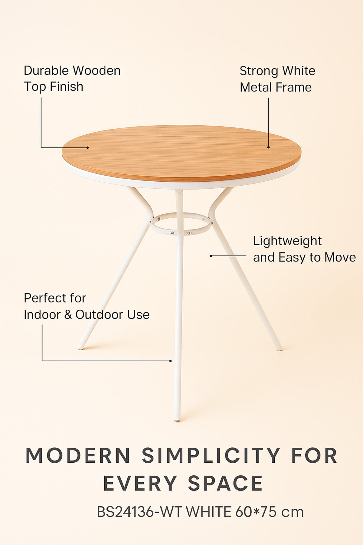 Round Outdoor Table Ð 60_75 cm White Metal Frame with Wooden Top for Balcony & CafŽ