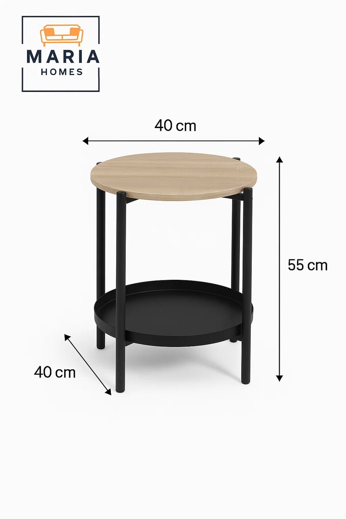 Modern Wood Side Table √ê Round Coffee Table with Black Storage Shelf 40_40_55 cm