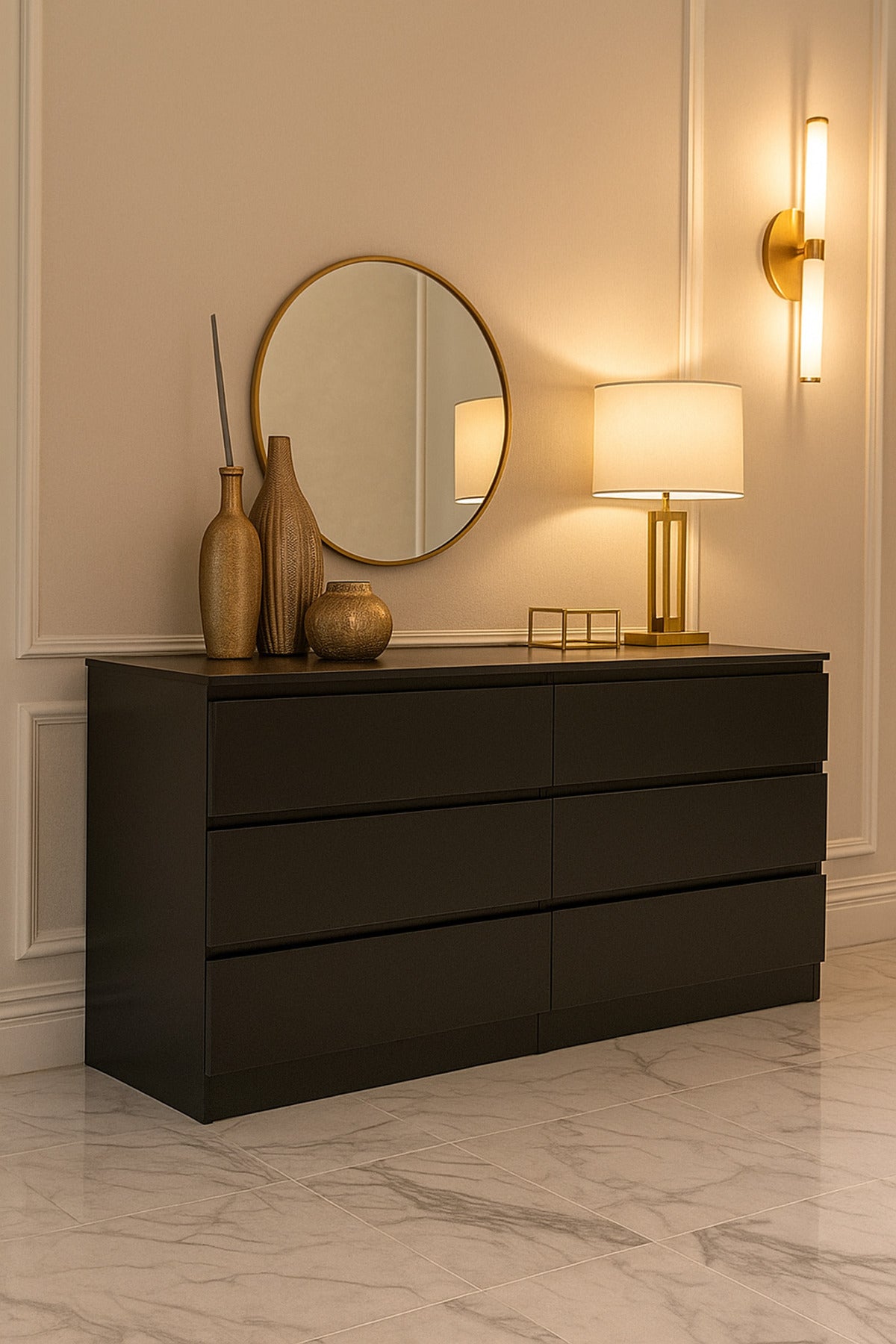 Black Wooden Drawer Cabinet 160_48_79 cm Ð Modern 6-Drawer Dresser for Bedroom, Living Room & Office