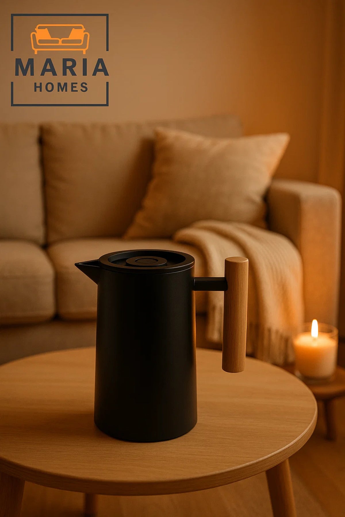 Matte Black Insulated Thermal Jug with Wooden Handle