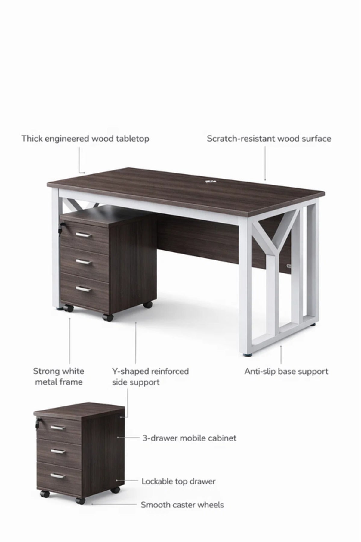 Modern Grey Desk with White Metal Frame and 3-Drawer Storage