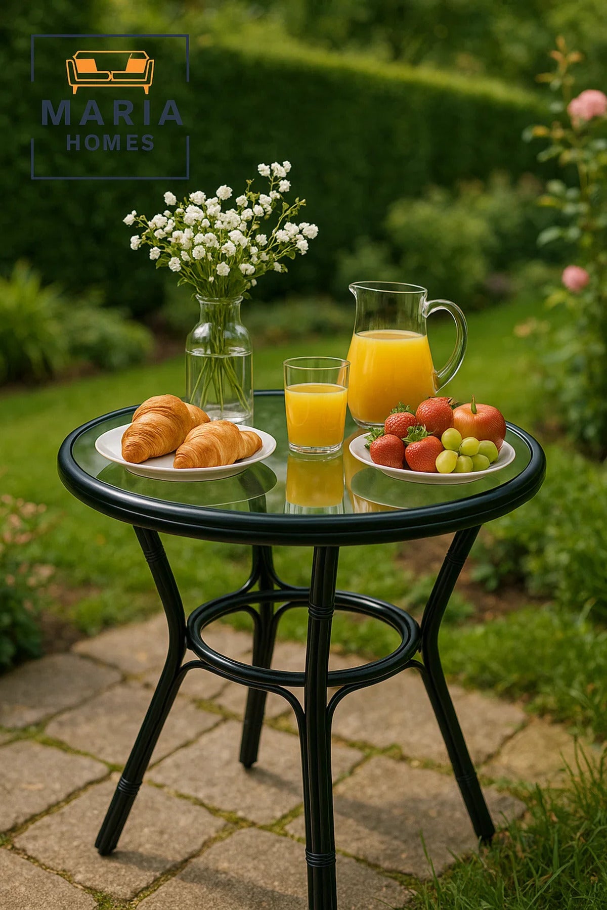 Round Black Rattan Bistro Table with Tempered Glass Top