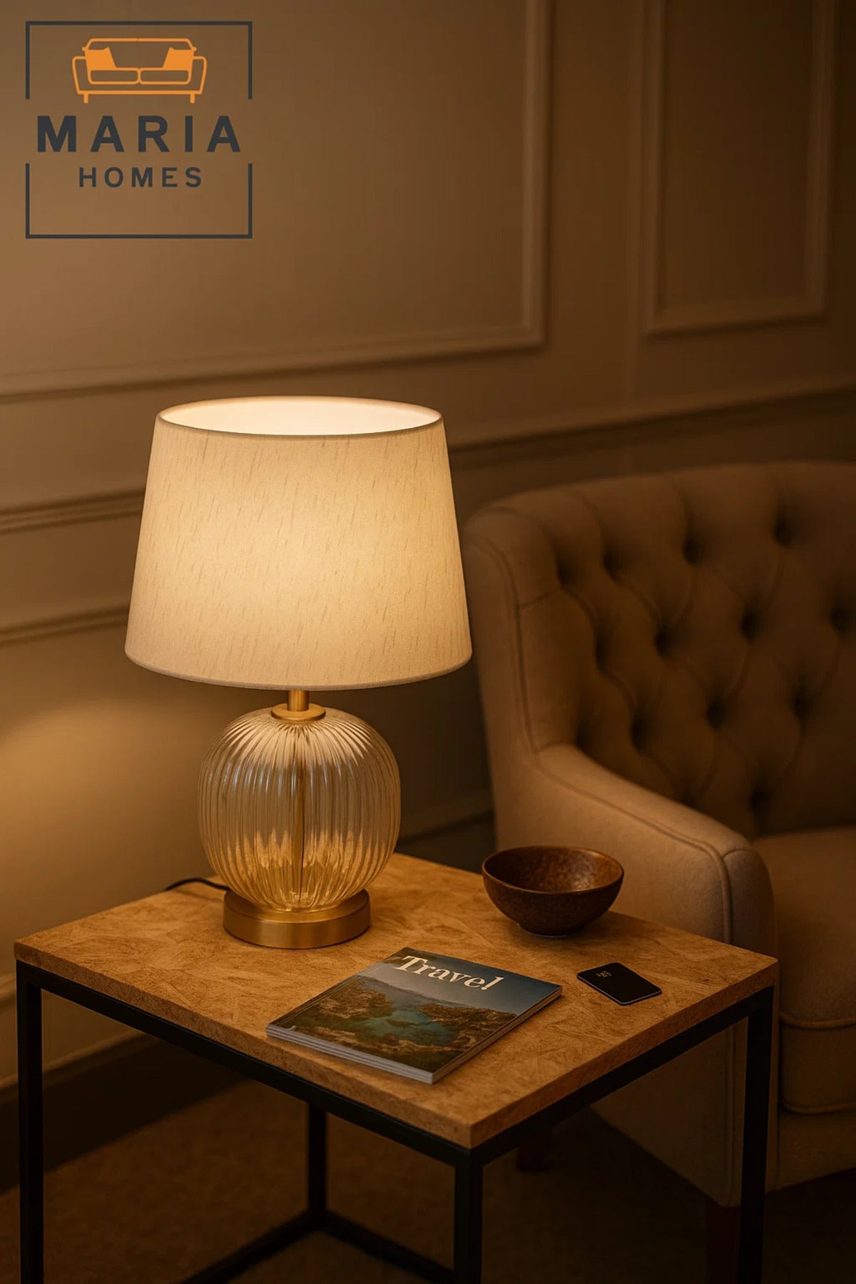 Glass Table Lamp with Ribbed Base and Fabric Shade
