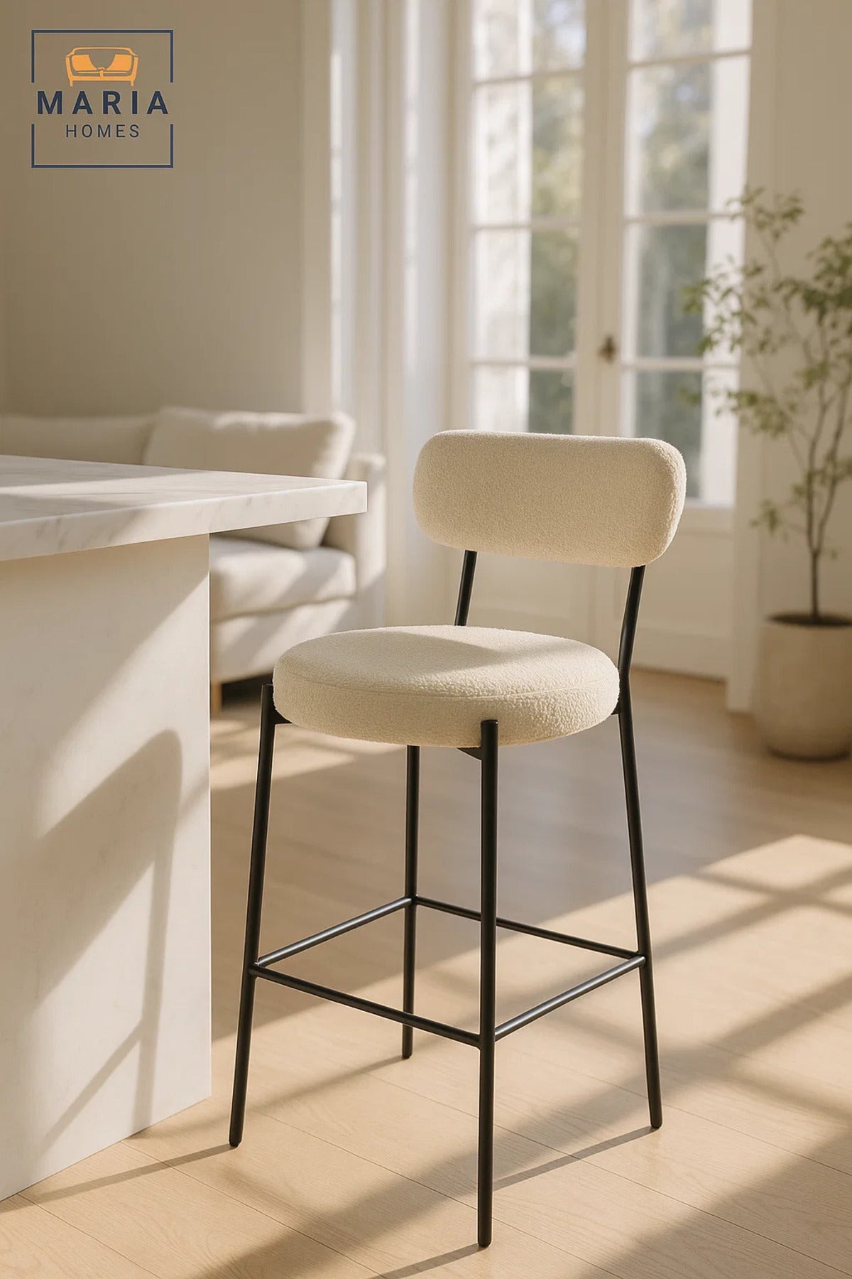 Beige Boucle Counter Bar Stool with Metal Frame, Upholstered Seat for Modern Kitchen Island