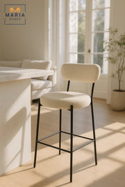 Beige Boucle Counter Bar Stool with Metal Frame, Upholstered Seat for Modern Kitchen Island