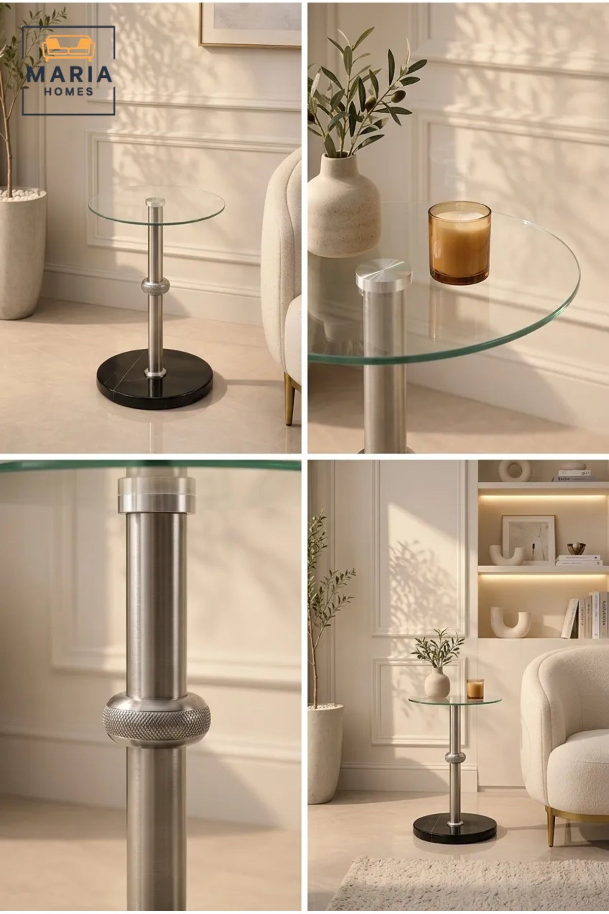 Modern Glass Side Table with Black Marble-Effect Base and Metal Pedestal