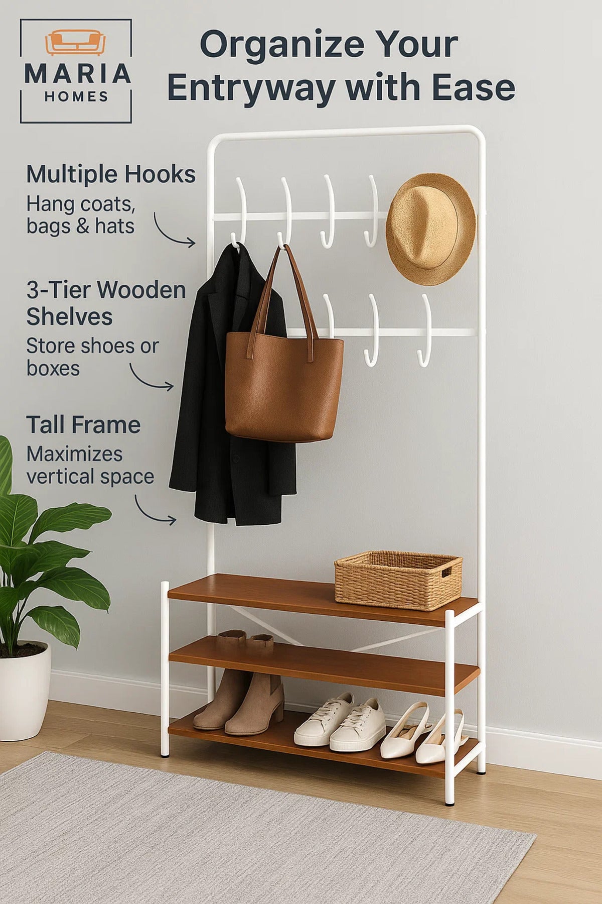 White Frame Coat Rack with 12 Hooks and 3-Tier Wooden Shoe Shelves