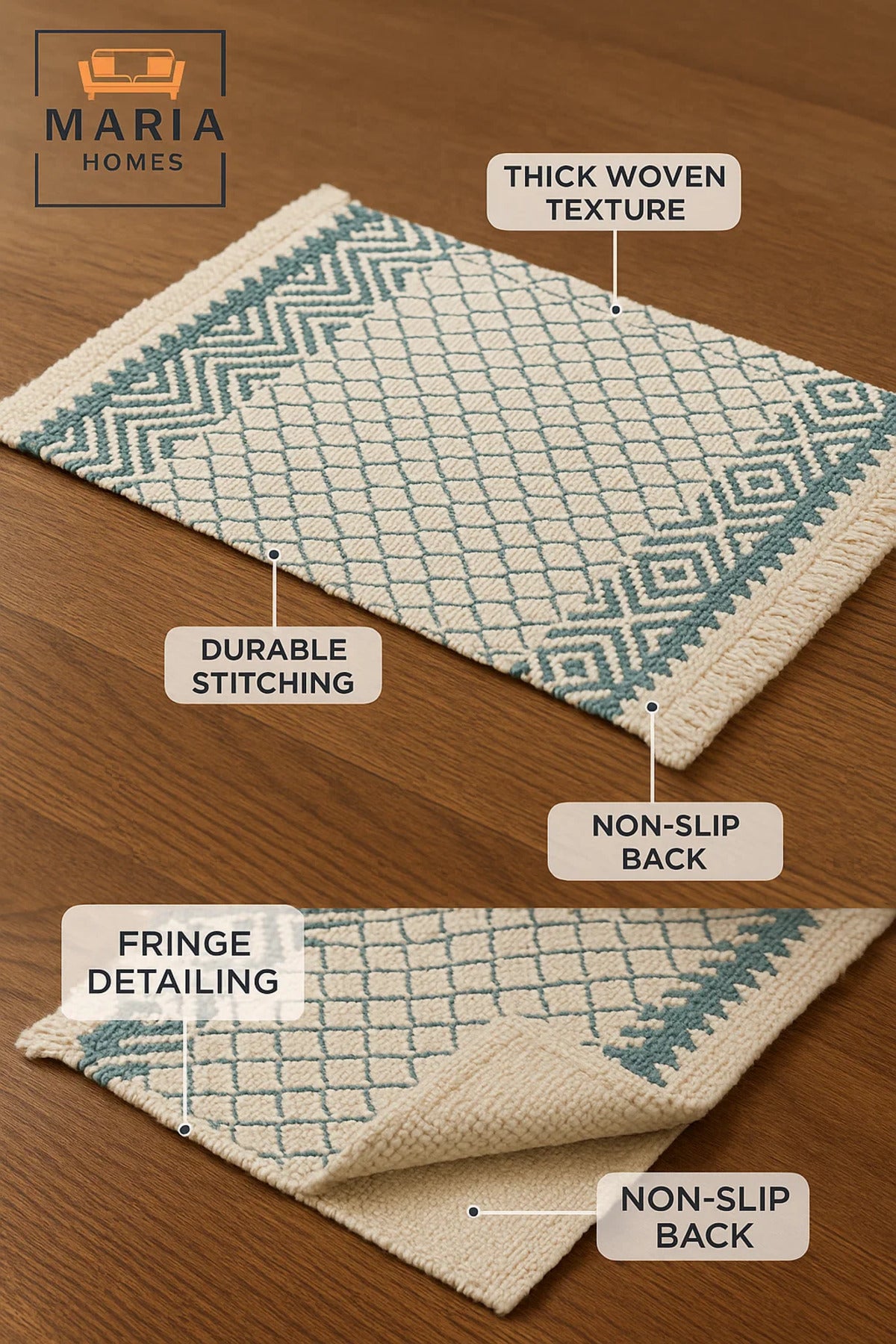 Geometric Cotton Accent Rug with Blue Diamond Pattern and Fringe √êsize 60x80 cm