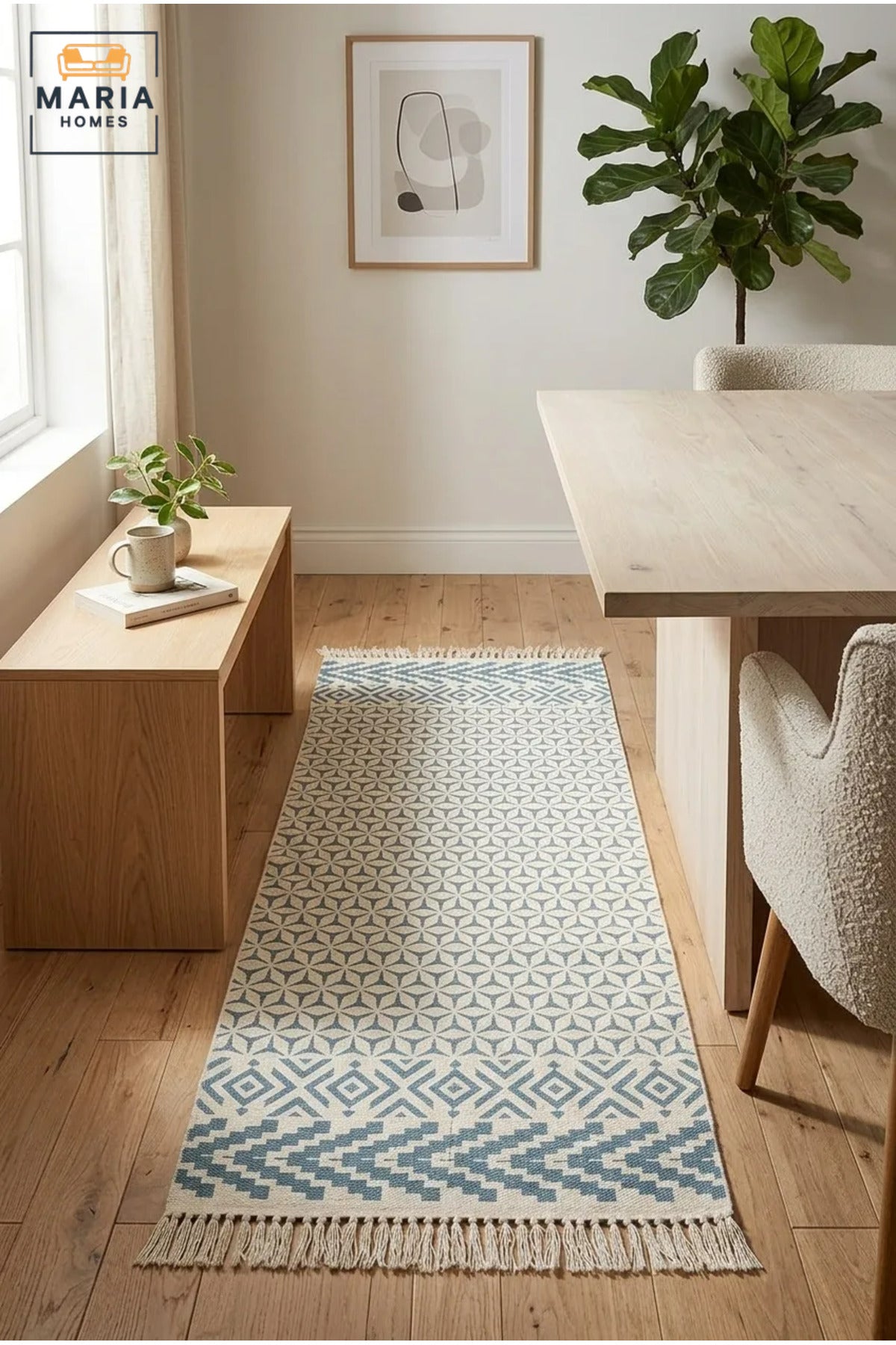 Geometric Runner Rug with Fringed Edges, Long Decorative Floor Carpet for Hallway, Bedroom, Living Room, Entryway, Kitchen and Bedside Area