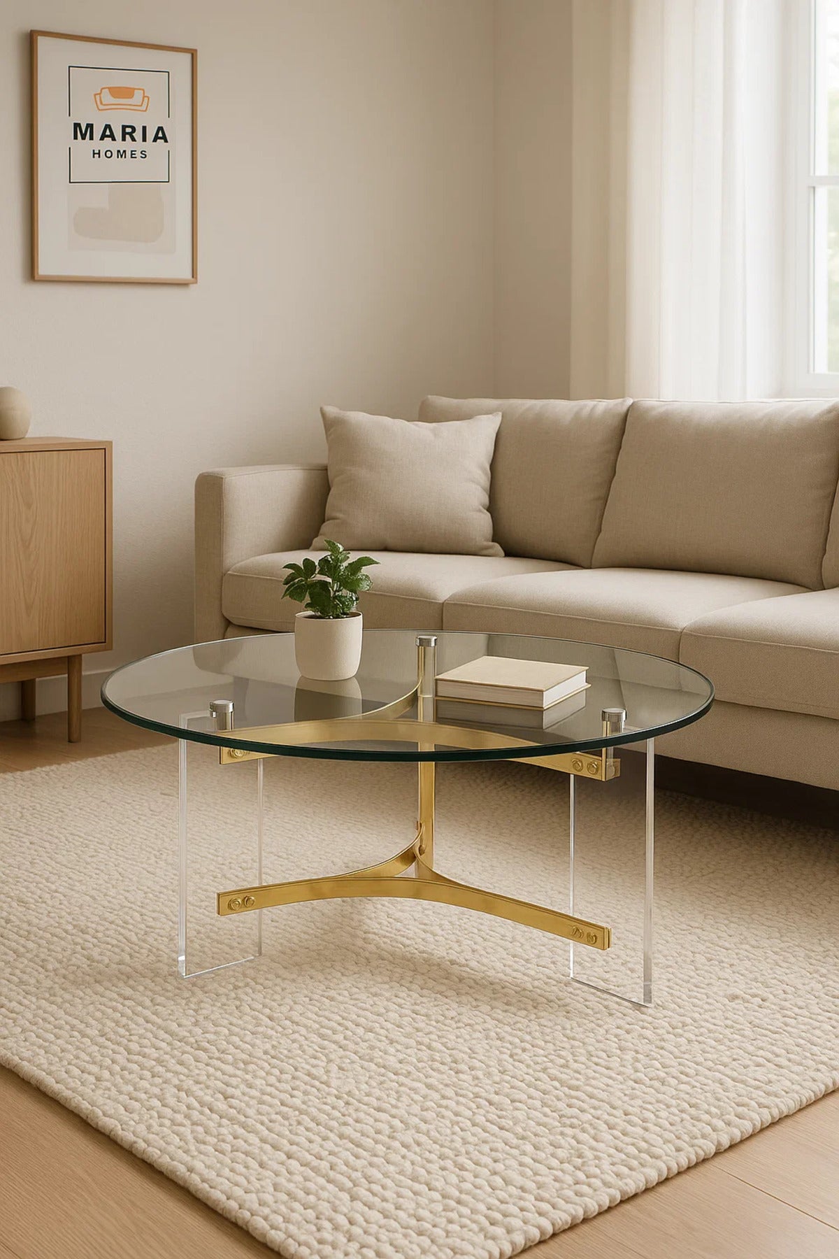 Luxury Round Glass Coffee Table 90_90_45 cm with Gold Stainless Steel and Acrylic Base