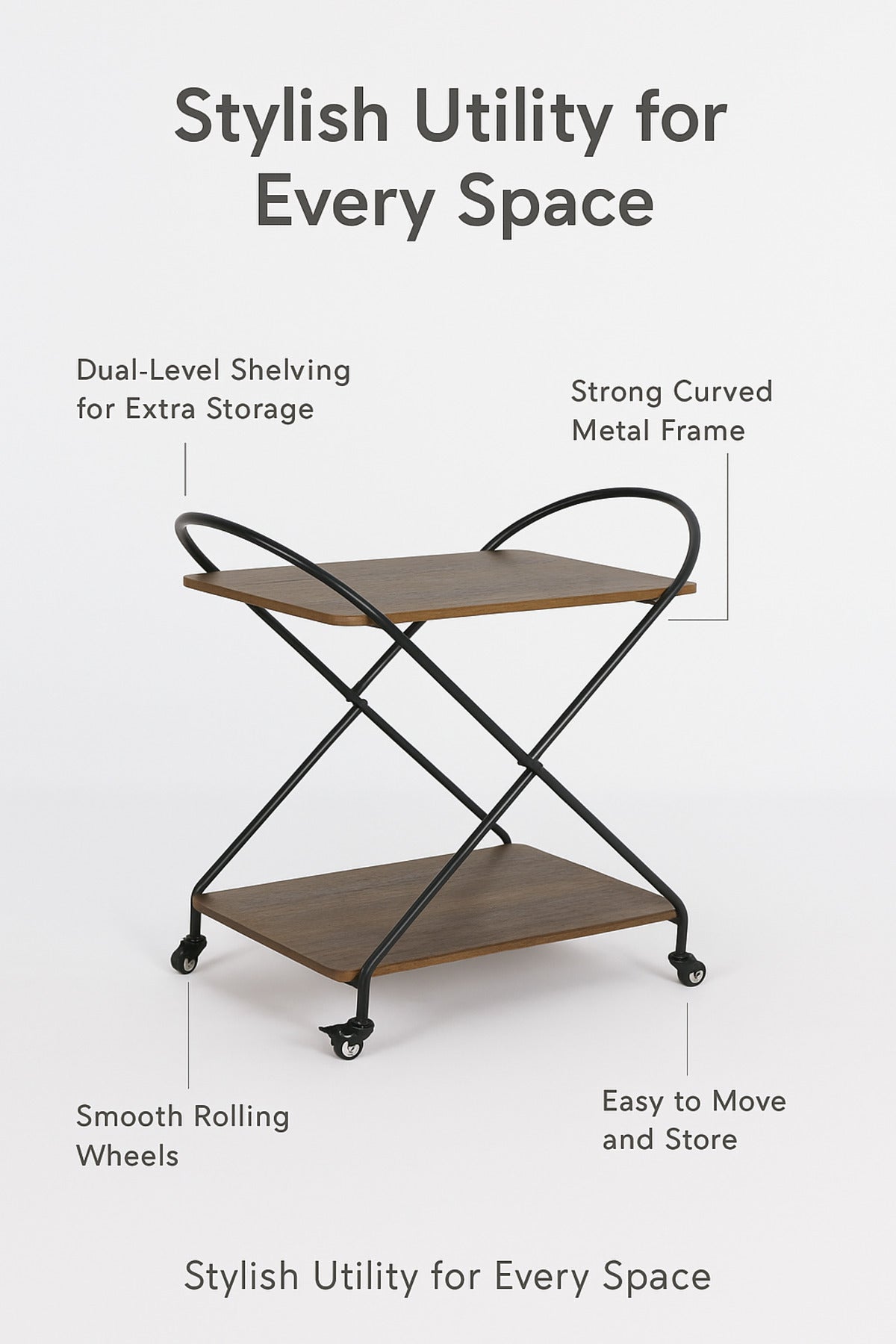 Compact Brown Metal Serving Trolley Ð 2-Tier Bar Cart with Wheels 72_40_78 cm