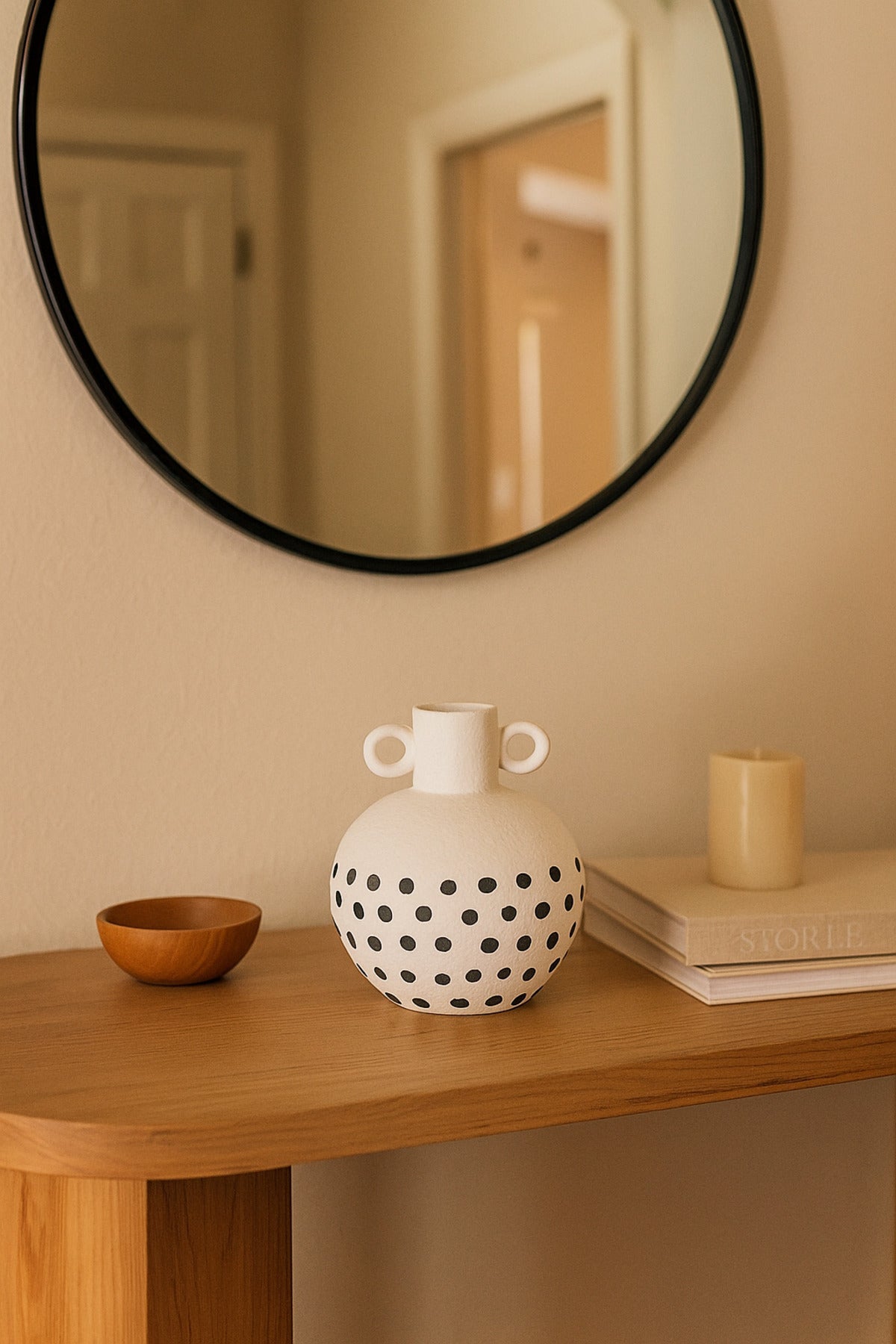 Natural White Ceramic Vase with Black Dots Ð Small Round Double Handle Decorative Vase