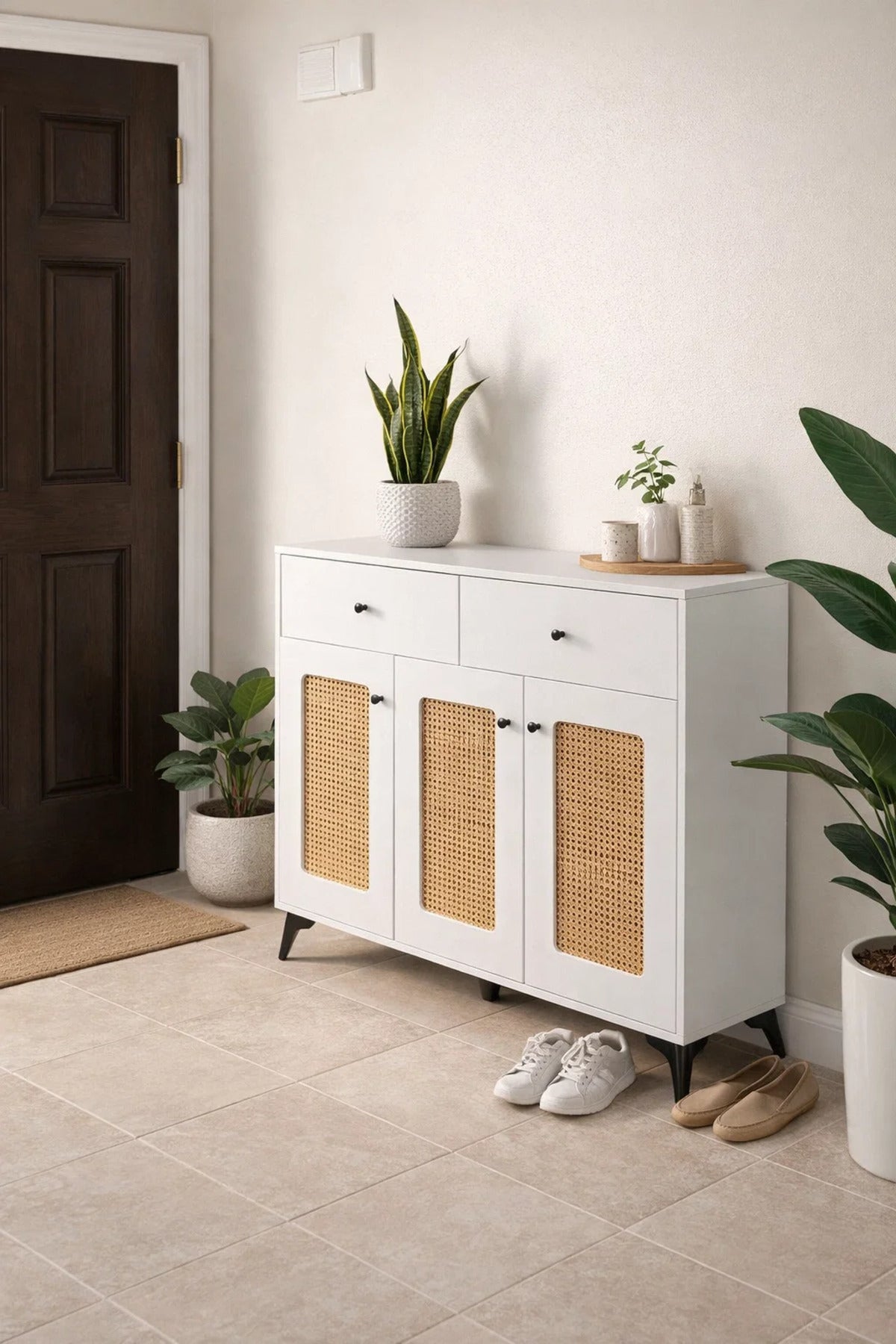 Modern White Shoe Cabinet with Rattan Details and Drawers Large Storage Sideboard for Hallway Home