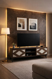 Stylish Dark Wood TV Table 160cm with Geometric Door Design and Media Storage for Living Room