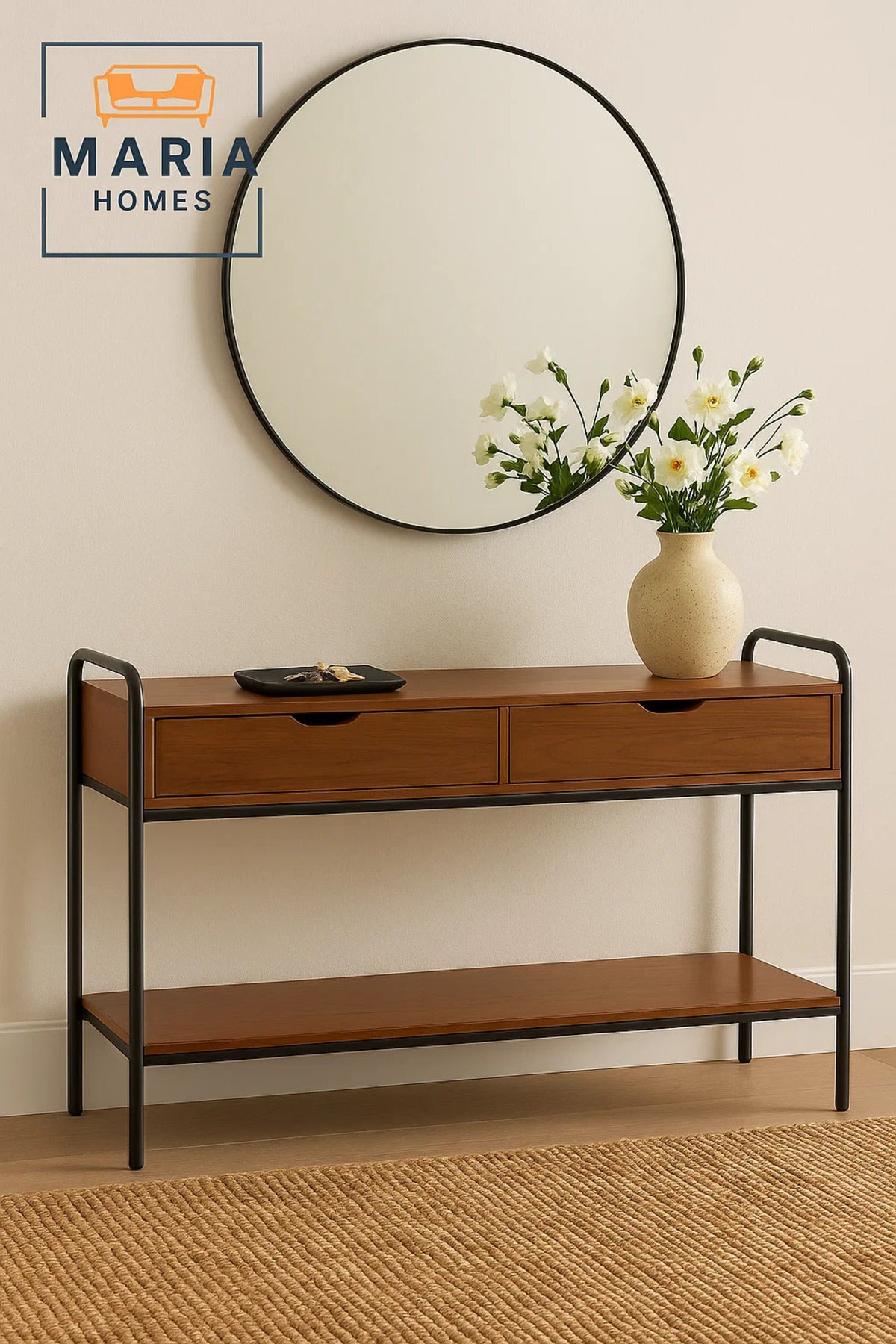 Walnut Console Table with Black Metal Frame and Dual Drawers