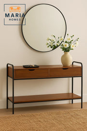 Walnut Console Table with Black Metal Frame and Dual Drawers
