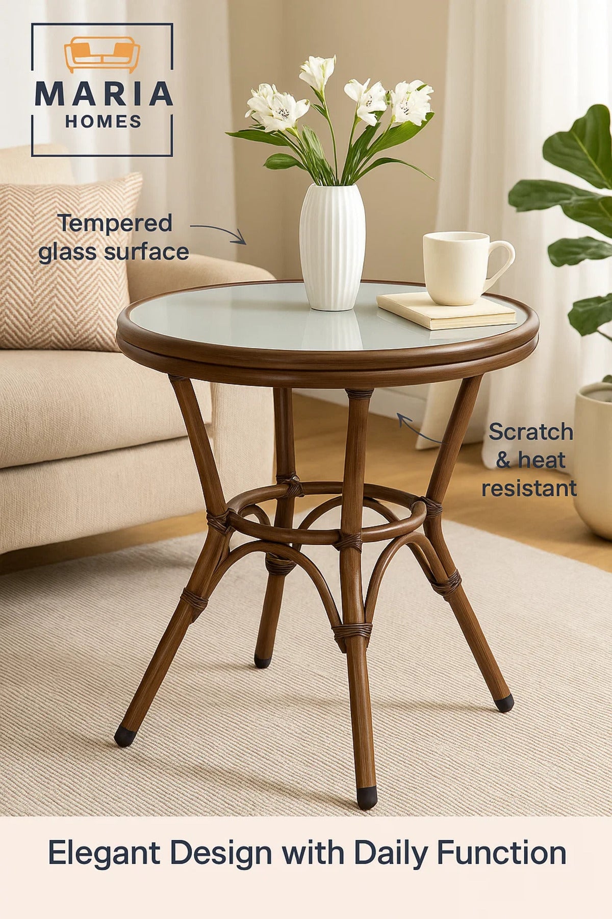 Round Rattan Bistro Table with Glass Top