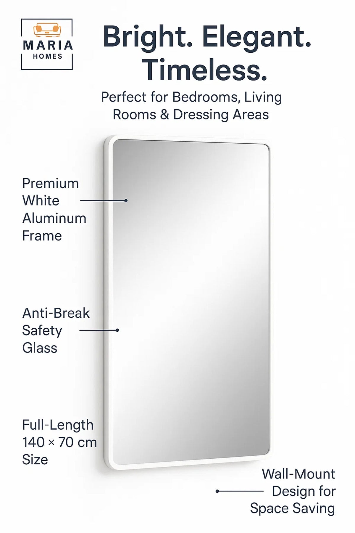 Wall Mounted White Frame Mirror for Bedroom, Bathroom & Living Room D≈Ωcor 140x70