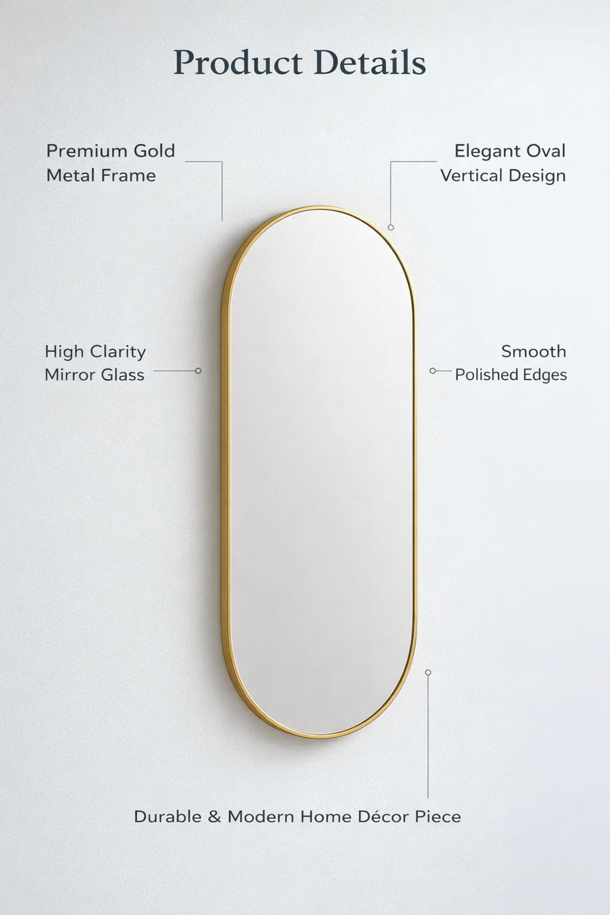 Brushed Brass Oval Wall Mirror with Slim Metal Frame-size 120*60CM