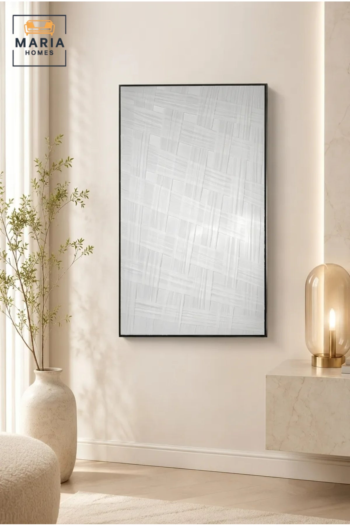 White Textured Woven Pattern Wall Art with Black Frame Ð Modern Minimalist Abstract Decorative Artwork