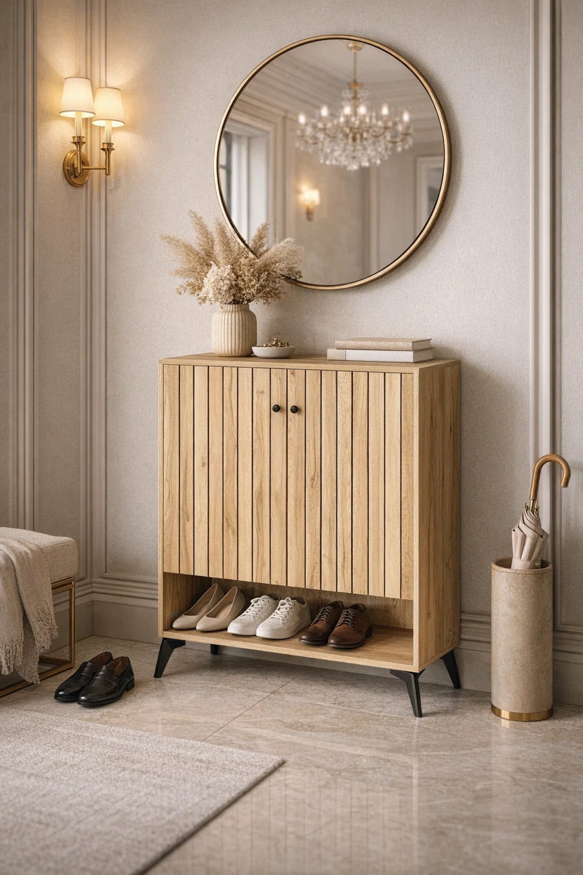 Modern Oak Wood Shoe Cabinet Storage Rack with Slatted Doors and Open Shelf for Home Hallway