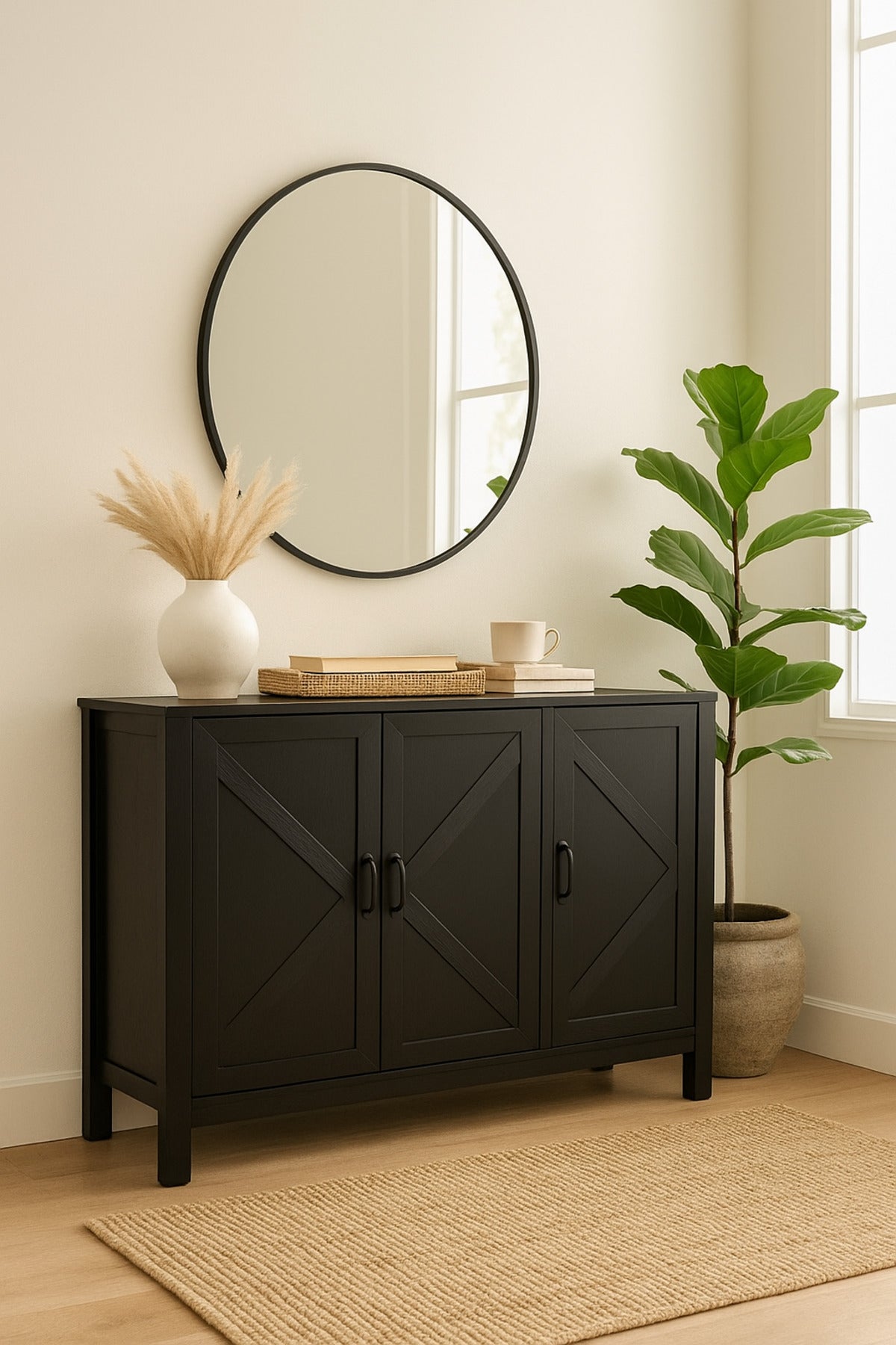 Black Wooden Console Cabinet 120_40_85 cm Ð Modern 3-Door Storage Sideboard for Living Room