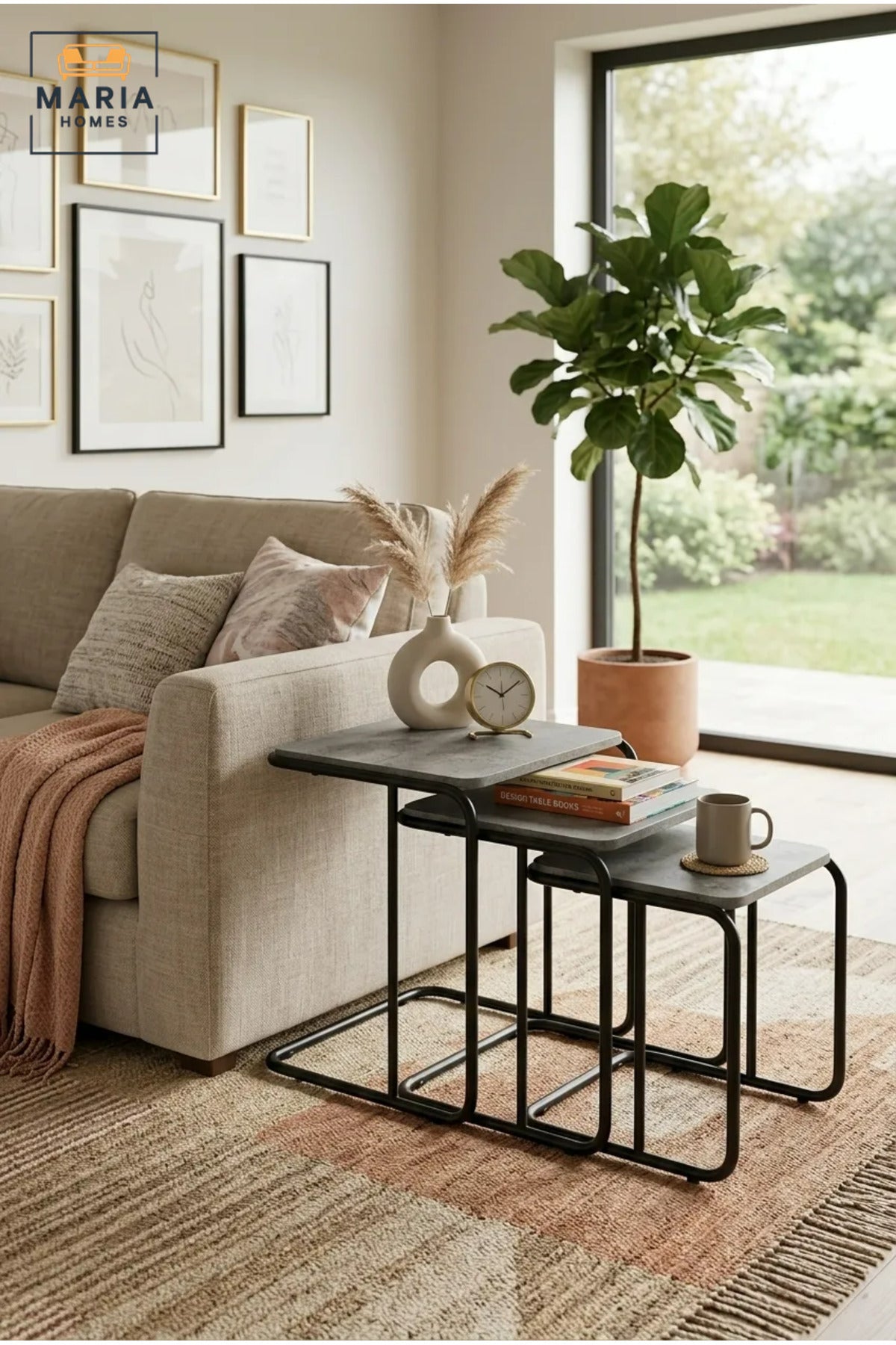 Set of 3 Nesting Side Tables with Rectangular Tops and Metal Frames, Space-Saving End Tables for Living Room, Bedroom, Lounge and Office