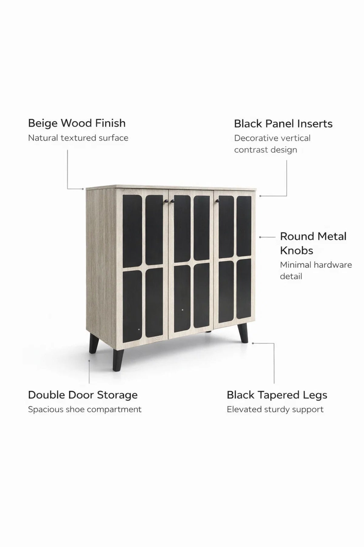 Stylish Beige and Black Shoe Cabinet Three Door Organizer Stand for Modern Entryway Home Decor