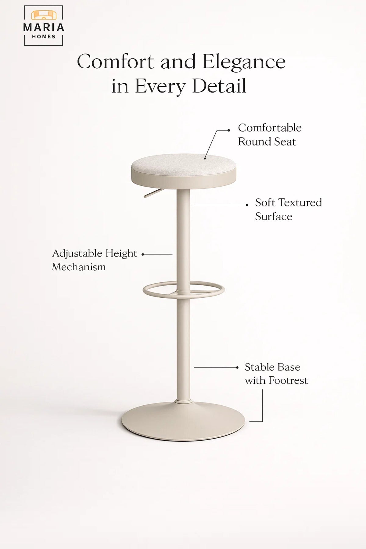 Modern Adjustable Bar Stool Beige Round Seat with Footrest
