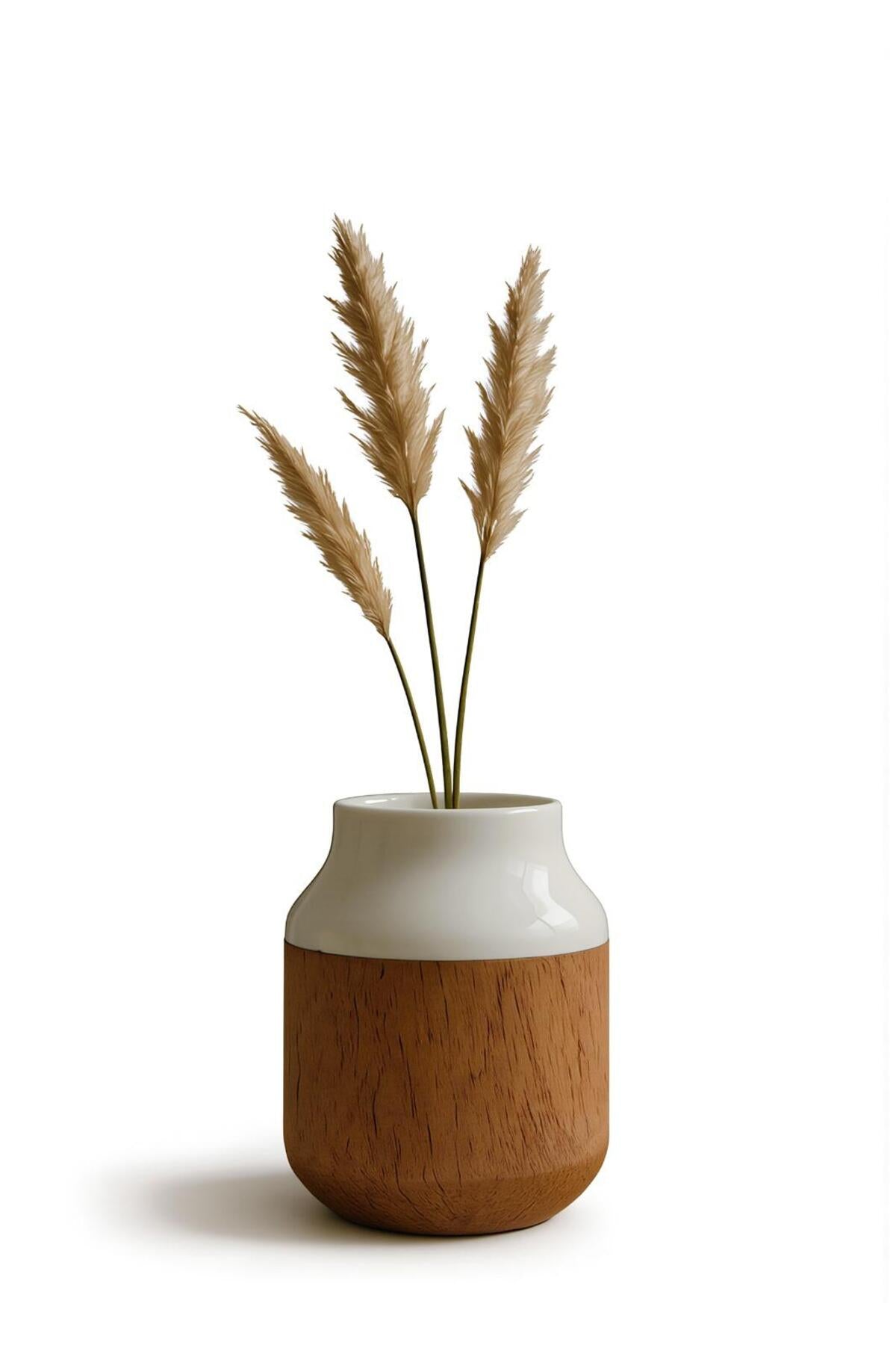White and Cork Effect Ceramic Vase – Small Modern Decorative Flower Pot with Glossy Finish