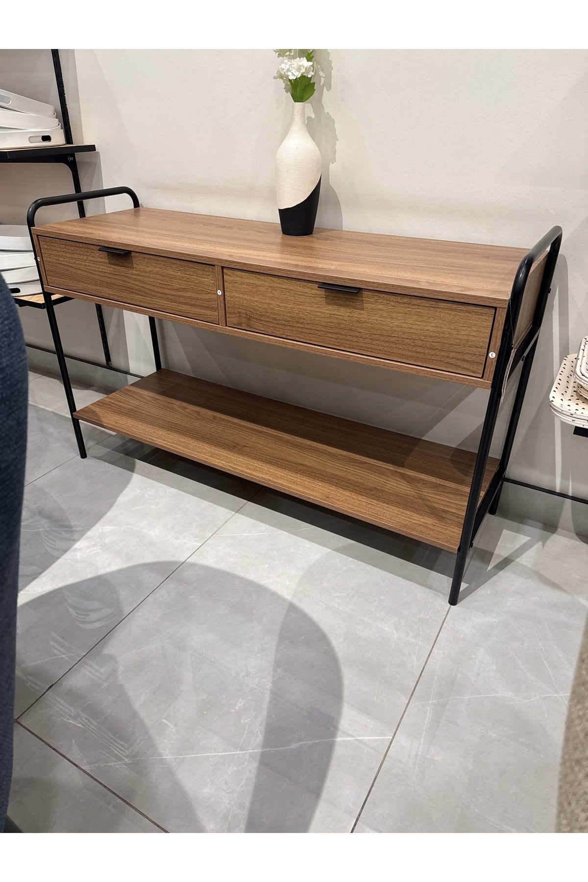 Oak Finish Console Table with Black Frame and Storage Drawers
