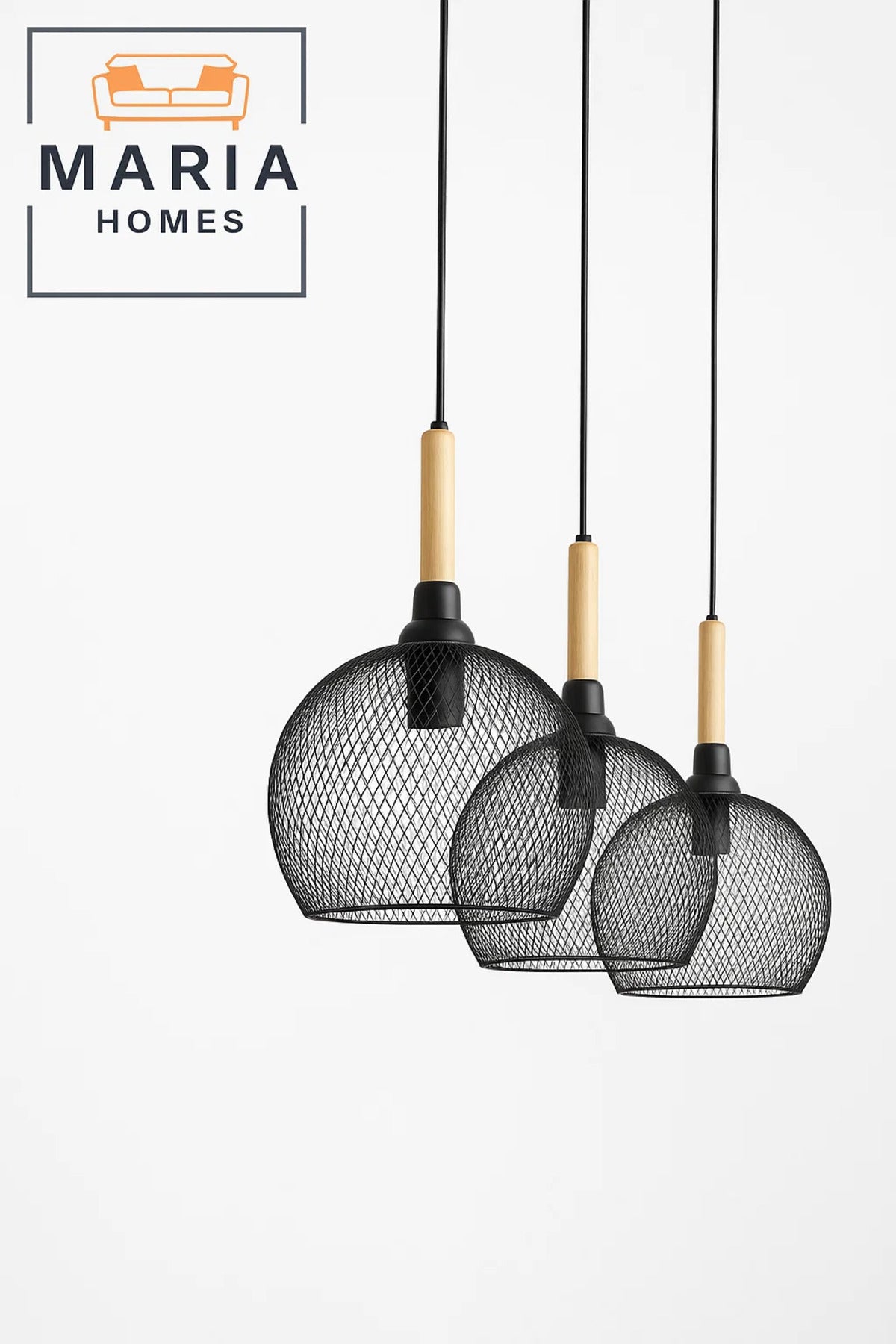 Triple Black Wire Mesh Pendant Light with Wood Tops