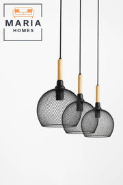 Triple Black Wire Mesh Pendant Light with Wood Tops