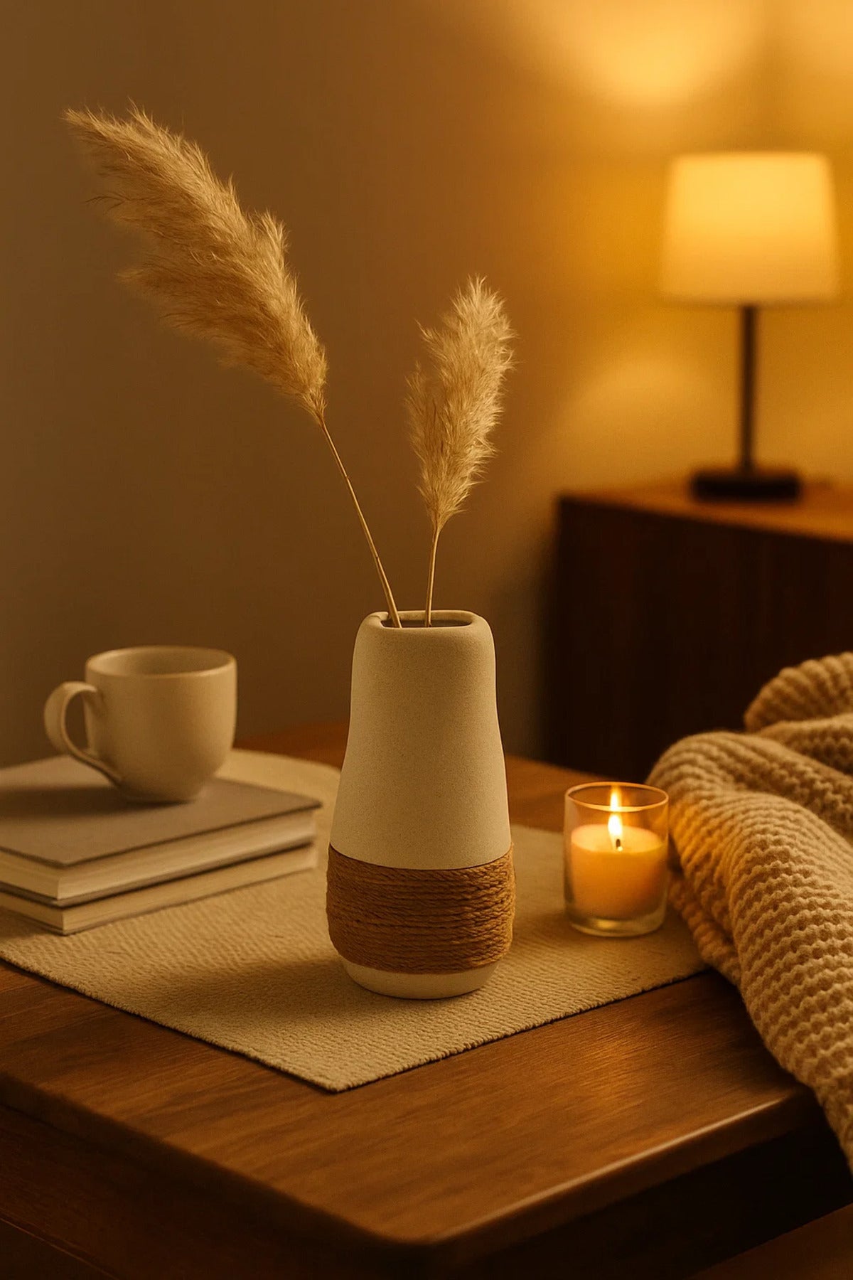 White Ceramic Tall Rope Vase Ð Modern Decorative Flower Pot for Home and Office DŽcor