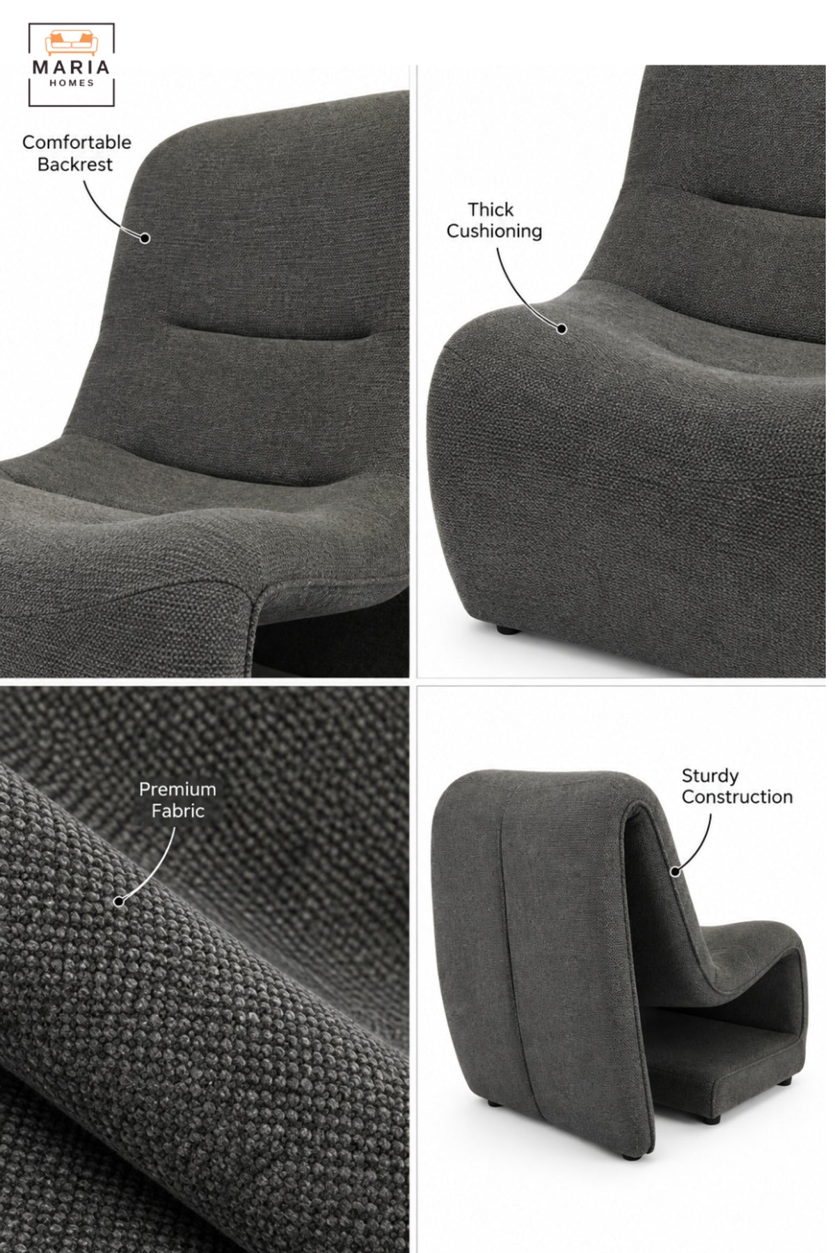 Modern Dark Grey Upholstered Accent Chair with Sculptural Curved Design, Padded Seat for Living Room, Bedroom, Lounge & Reading Corner