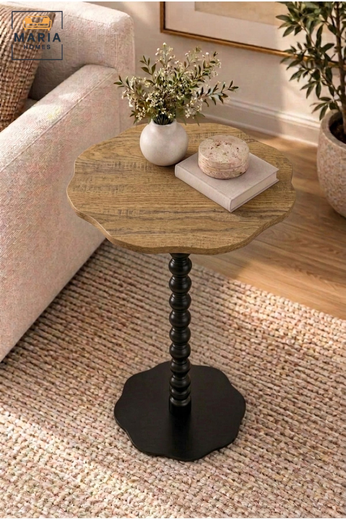 Modern Wood Top Side Table with Decorative Black Pedestal Base, Compact Accent Table for Living Room, Bedroom, Sofa Side & Lounge – 40 × 60 cm