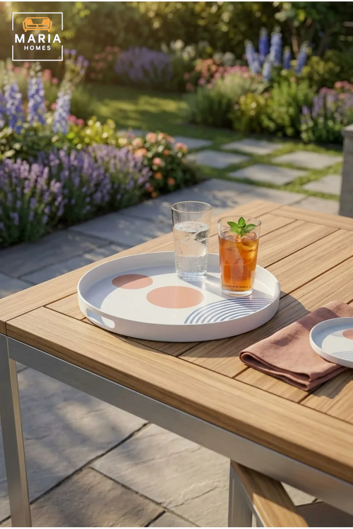 Round Serving Tray with Built-In Handles, Raised Rim and Abstract Pattern, Multipurpose Food and Drinks Tray for Kitchen, Dining, Café and Hotel