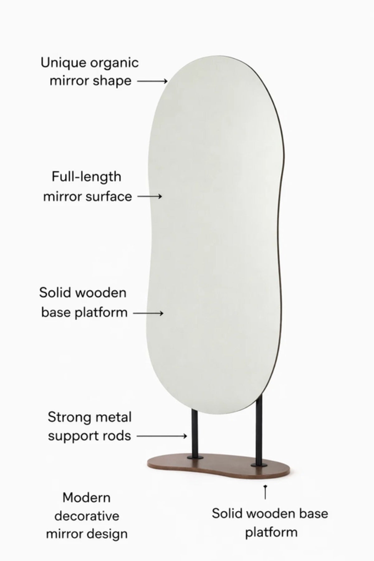Modern Irregular Shape Standing Floor Mirror with Wooden Base Decorative Mirror