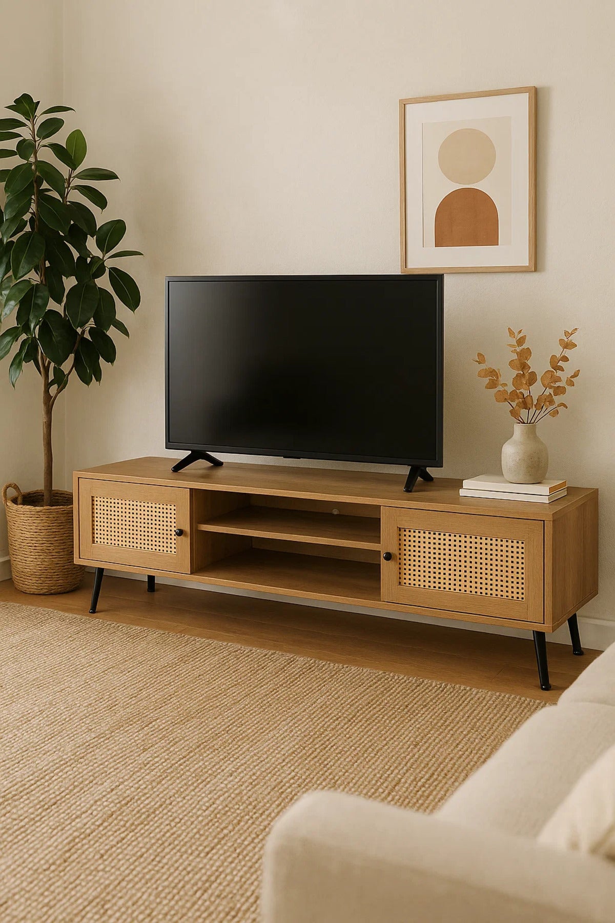 Mid-Century Modern TV Stand with Rattan Doors Ð 160x40x50 cm Brown Entertainment Unit