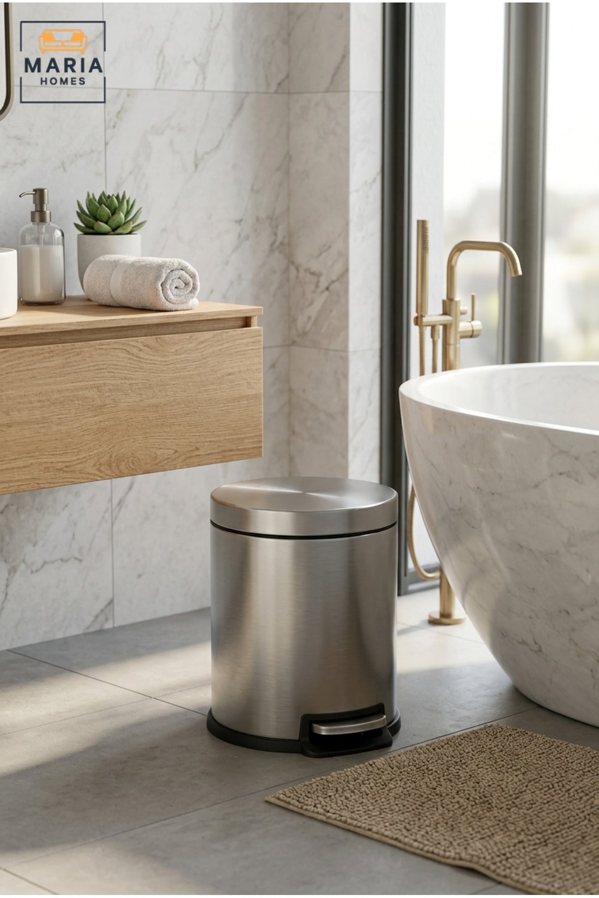 Compact Stainless Steel Round Pedal Trash Bin with Lid, Small Hands-Free Waste Container for Bathroom, Bedroom, Office, Vanity and Hotel