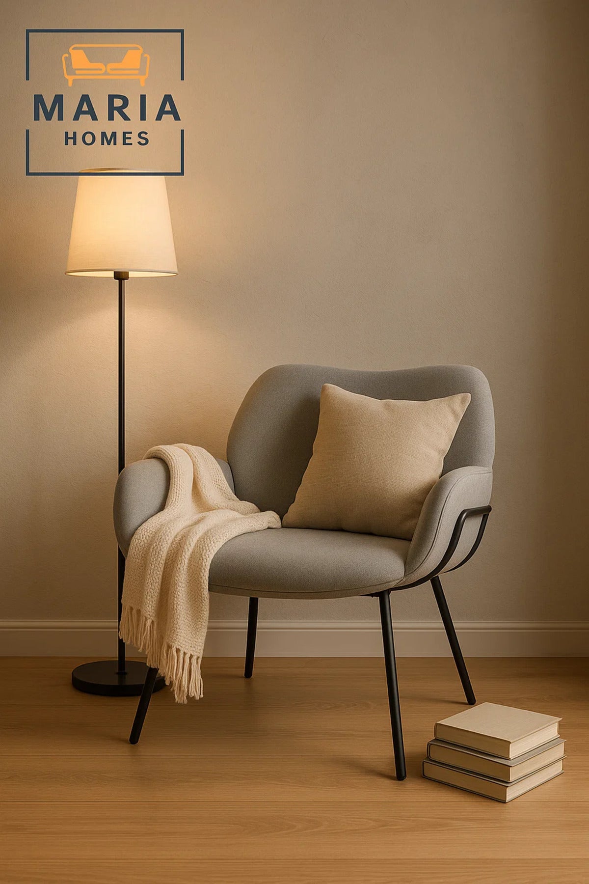 Grey Fabric Armchair with Black Metal Legs Ð Modern Padded Chair for Living Room or Office