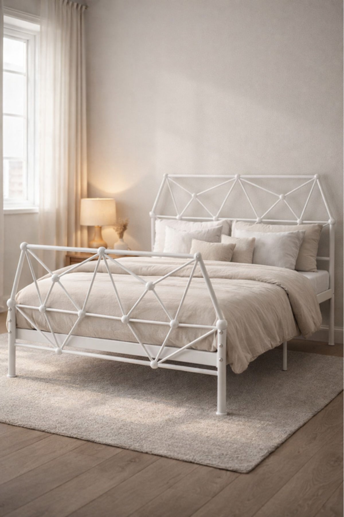 White Metal Bed Frame Geometric Headboard white metal bed