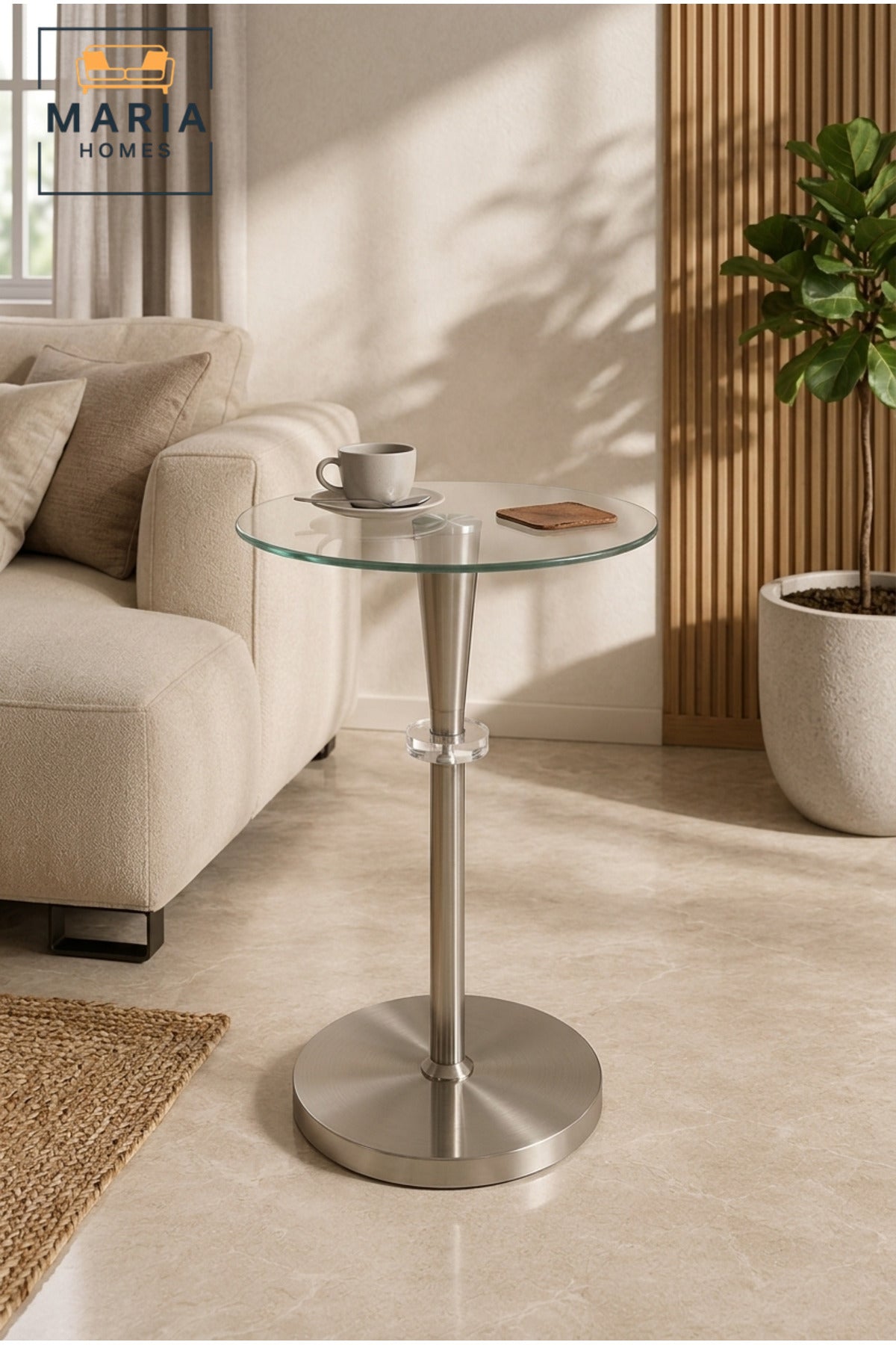 Modern Glass Accent Side Table √ê Round End Table with Brushed Metal Base for Living Room, Bedroom & Lounge