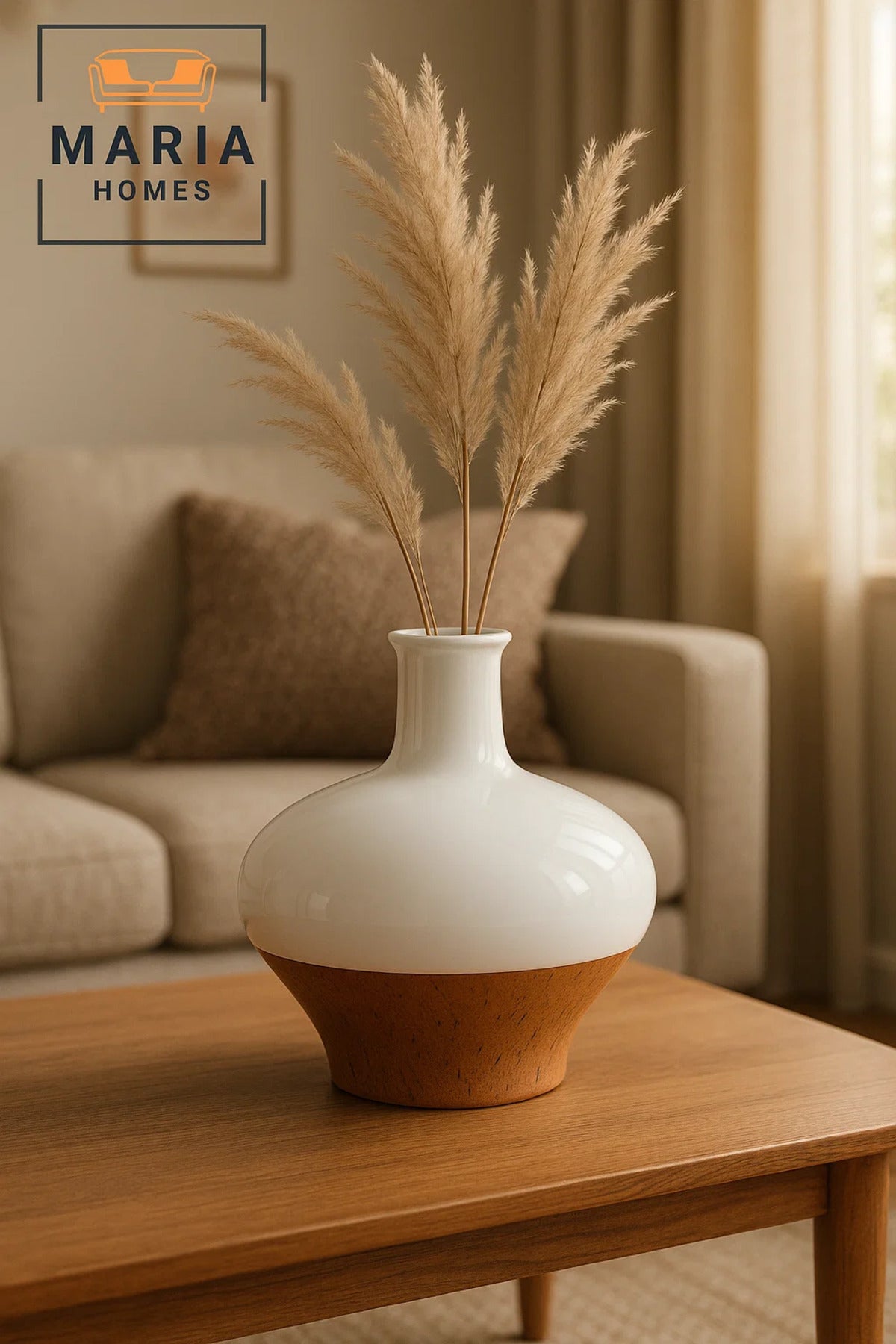 White and Cork Finish Ceramic Vase – Wide Round Decorative Flower Pot